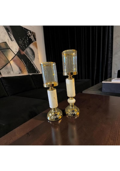 Premium Gold & Mermer Şamdan İkili Set Altın