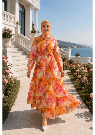 Hb Harma Time Butik Kadın Düğmeli Desenli Modal Kumaş Turuncu Elbise Orange Orange
