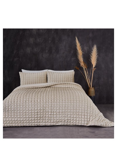 Evlen Home Collection Kadife Stacy Yatak Örtüsü Seti Çift Kişilik Elyaf Dolgulu Yumuşak 3 Parça Bej