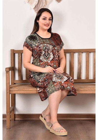 Dip Moda Kadın Desenli Büyük Beden Elbise Dpaysl62 Kahverengi