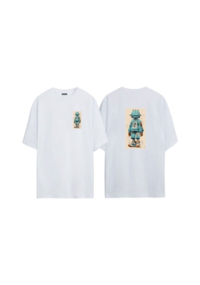 Thewert Unisex 900 Drawing Robot Ön Arka Baskılı Beyaz Oversize T-shirt