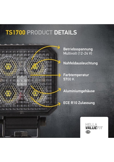 Hella Led-çalışma Farı Ts1700-12/24v - 1700lm - Vidalanmış/montaj - Hareketli Montaj Barı - Yakın Alan Aydınlat
