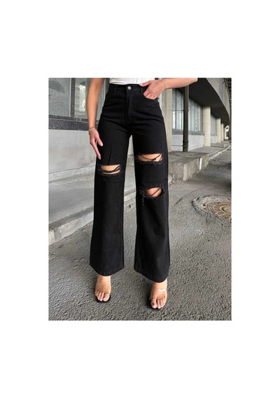 Kene Jeans Çift Diz Lazer Yırtık Siyah Bol Paça Jeans Siyah