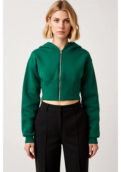 Benerly Kadın Kapüşonlu Düşük Kol Fitted Fermuarlı Örme Sweatshirt Fonksi Zümrüt
