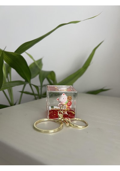 Feng Shui Şans Ve Bereket Kedisi Figürlü Sulu Anahtarlık / Çanta Süsü Patili Kedi Model 2 Maneki Neko