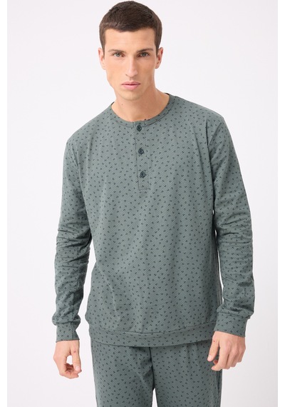 L'espadon Oceanripple Premium Örme Pamuk Uzun Kollu Henley & Uzun Pantolonlu Erkek Pijama Takımı-3223 Gri