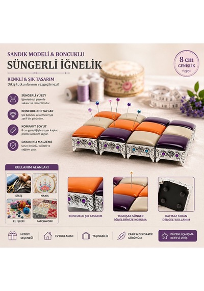Krt-1048 Sandık Modeli Boncuklu Süngerli İğnelik - Renkli- 12'li Paket