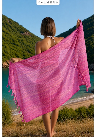 Calmera Etnika Peştemal İnce - Renkli Saçaklı Plaj Pareo, Deniz, Havuz, Yoga, Kamp, Pilates Havlusu - Pembe