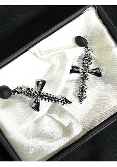 Dükkan Design Skull Cross Gotik Küpe Antrasit