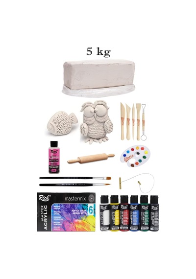 Vakumlu Çamuru Beyaz 5 Kg Rich Master Mix 60cc Akrilik 6'lı Canlı Renk Seramik Başlangıç Seti