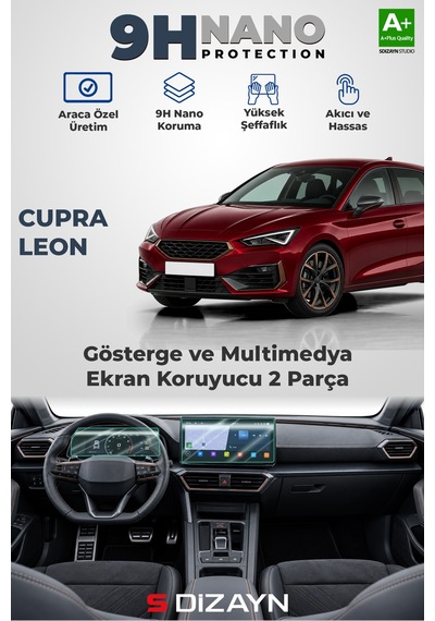 S-dizayn Cupra Leon 9h Nano Gösterge Ve Multimedya Ekran Koruyucu 2'li Set Parlak 2021-2024 A+ Kalite