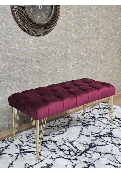 Zafir Gold Tel Ayaklı 90 Cm Puf Bench - Puf - Bench - Kasalı Oturak - Oturak - Yatak Ucu Puf Bordo