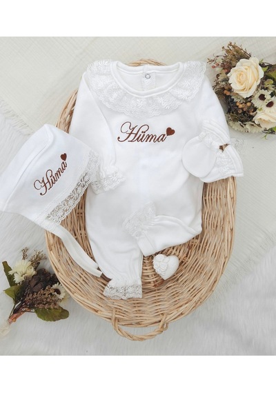 Gros Shop Yeni Doğan Dantelli 3'lü Hastane Çıkış Tulum Seti Kişiye Özgü İs Kahverengi