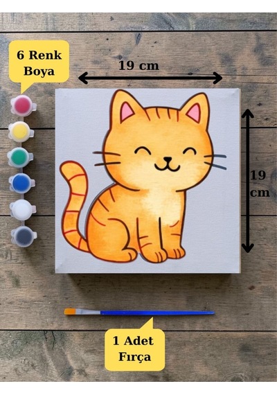 Sevimli Kedi Baskılı Tuval Boyama Aktivite Seti 19x19 Cm Tuval, Fırça Ve 6 Renk Akrilik Boya Seti