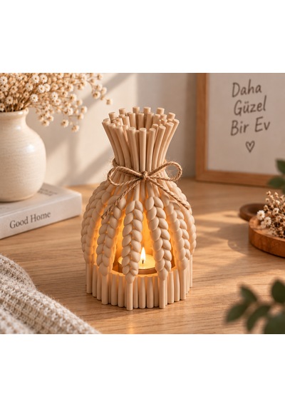 Başak Dekoratif Desenli Tealight Mumluk Feneri Bej