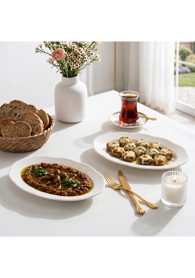 Porsima 4454 Yonca Porselen Kayık Tabak Seti - Oval Kahvaltılık Sunumluk Seti 25cm Beyaz