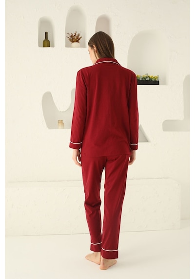 Siyah İnci Kadın Pamuklu Düğmeli Biyeli Pijama Takımı Koyu Bordo