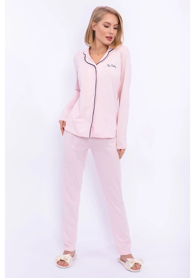Pierre Cardin 7717 Kadın Modal Uzun Kollu Önden Düğmeli Pijama Takımı-pembe Pembe