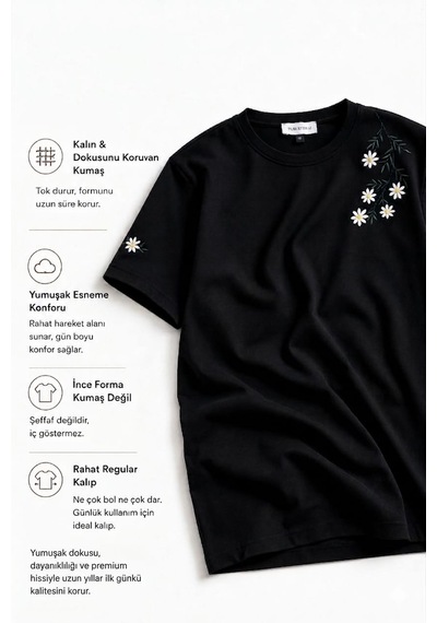 Yubistitch Tshirt Nakış İşlemeli Çiçek 6-Siyah S
