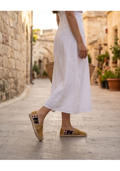 Futsishoes Vıola Sarı Hakiki Deri Kilim Desenli Kadın Etnik Desen Espadril Ayakkabı