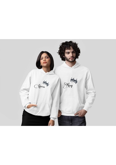 Nevermind Sevgili Kombini King Queen Sweatshirt Çift Kapüşonlu Hoodie Beyaz