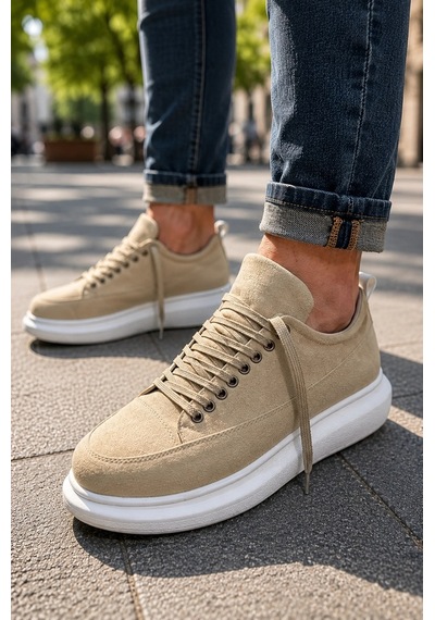 Mevese Meverk Süet Erkek Sneaker Ayakkabı Kalın Taban Günlük Krem