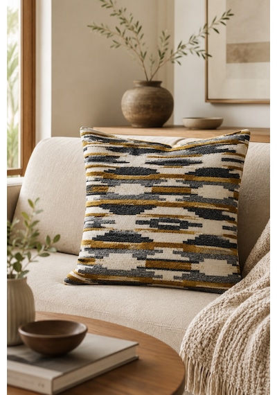 Fuly Consept Geometrik Desenli Dokulu Kırlent Kılıfı 43x43 Cm Hardal Gri Sarı