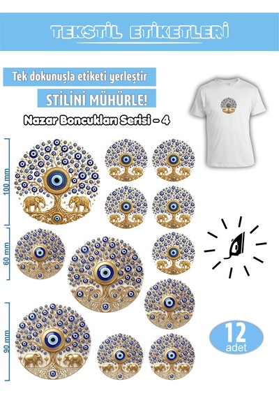 Ütü İle Yapışan Kıyafet Etiketi Nazar Boncukları Serisi -4 12li Set Karışık