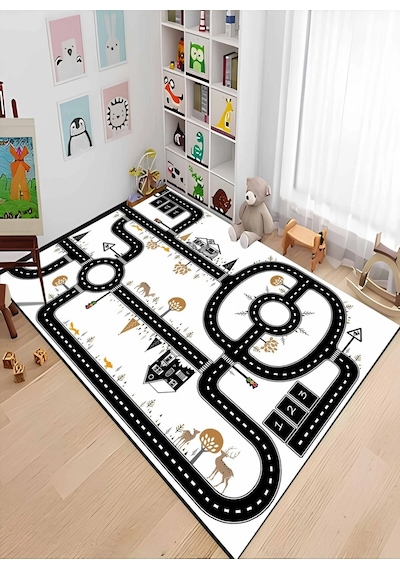 Siyah Yol Şeritli Çocuk Odası Oyun Halısı Beyaz