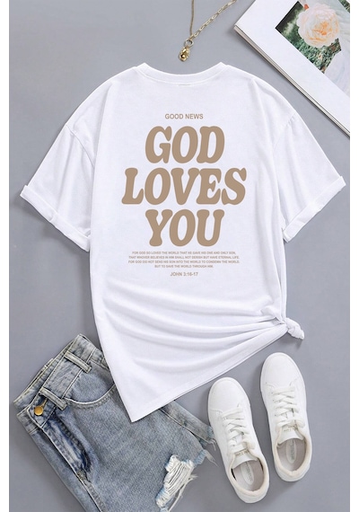 Good Loves You Baskılı Unisex Oversize Tshirt Beyaz