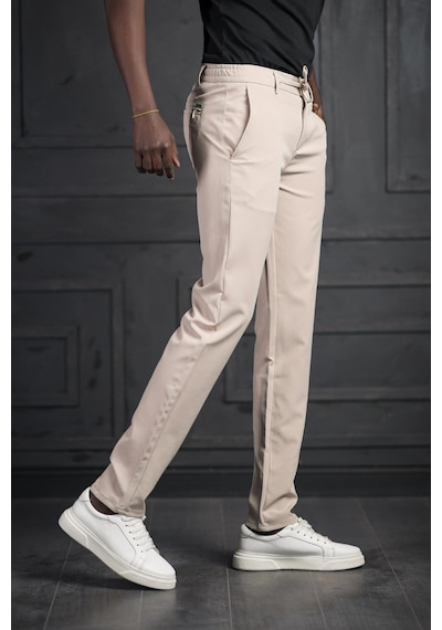 Perpant Beli Lastikli Ve İplikli Likralı Slimfit Yazlık Kumaş Jogger Pantolon Krem