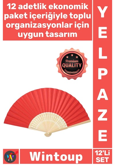 Yelpaze Kaliteli Dekoratif El Fanı Düğün Nikah Hediyelik Estetik Ahşap Kırmızı Kağıt Yelpaze 12'li