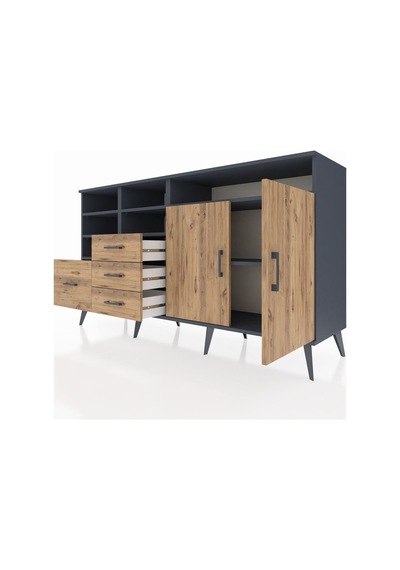 Kronos Konsol 7 Raflı 4 Çekmeceli 2 Kapaklı 176x59x99 Antrasit-ça Antrasit-çam