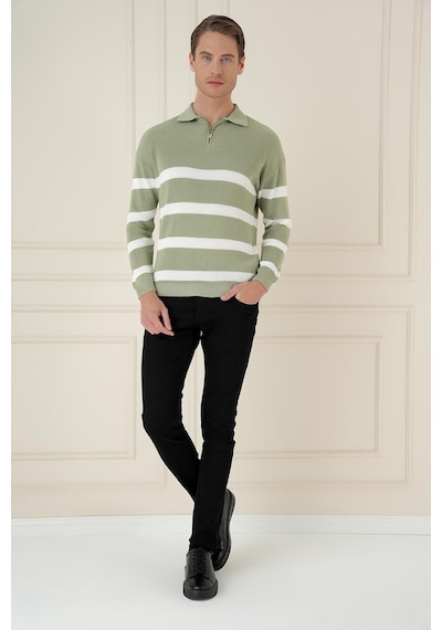 Efor Slim Fit Çizgili Fermuarlı Polo Yaka Yeşil Triko Kazak Tr 877 Yeşil