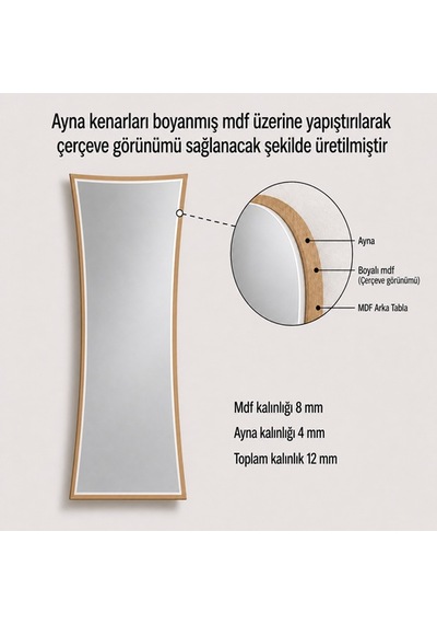 Modern Çerçeveli Boy Aynası 40x120 Cm Kavisli Minimalist Dekoratif Duvar Aynası Altın
