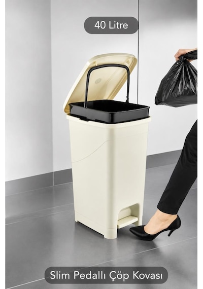 Omnipazar Srl-3030 Slim Pedallı Plastik Çöp Kovası İç Kovalı 40 Litre Bej