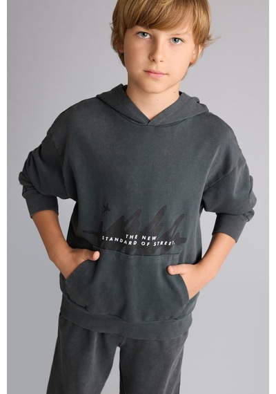 Defacto Oversıze Kapüşonlu Kanguru Cepli Gri Sweatshirt Erkek Çocuk I0679a826augr265 Gri-gr265