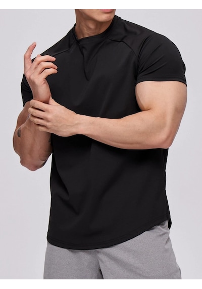 Genius Store Erkek Spor Tişört Running Sports Gym Reglan Oval Kesim Penye T-shirt Ovalt-shirt Siyah
