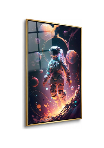 Gezegenler Arasında Işıklı Astronot Gold Çerçeveli Cam Tablo