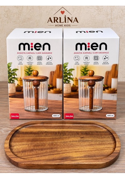 İkili 1350 Ml Akasya Kapaklı Kaşıklı Akasya Standlı Cam Kavanoz Seti Kahverengi