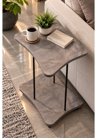 Sulorahome Yan Sehpa - Tekerlekli Metal Ayaklı Servis Sehpası Gri Mermer
