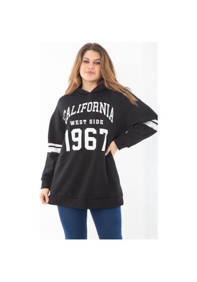 Şans Kadın Büyük Beden Haki İçi Şardonlu Üç İplik Kapşonlu Sweatshirt 65n37290-siyah Siyah