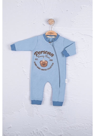 Babydonat Persona Bear Nakışlı % 100 Pamuk Erkek Bebek Tulum Mavi