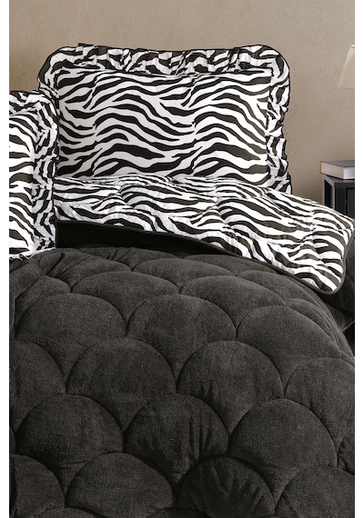 Wellsoft Tek Kişilik Fırfırlı Yorgan Seti 155x215 Cm Çift Taraflı Peluş Yorgan + 1 Yastık Kılıfı Zebra Antrasit