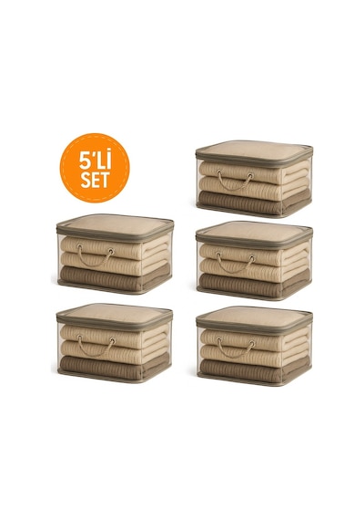 5'li Set Mor Şeffaf Kapaklı Hurç 28x32x15 Cm Orta Boy Dolap İçi Kıyafet Ve Havlu Düzenleyici Gri