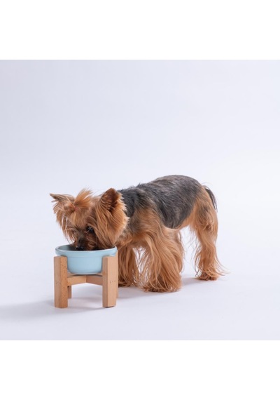 Mavi Ahşap Standlı Seramik Mama/ Su Kabı Kedi Köpek Mama Su Kabı