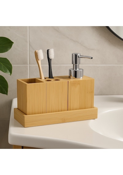 Doğal Bambu 3 Lü Banyo Seti Sıvı Sabunluk, Diş Fırçalık Ve Organizer Stand Br-6710 Ahşap