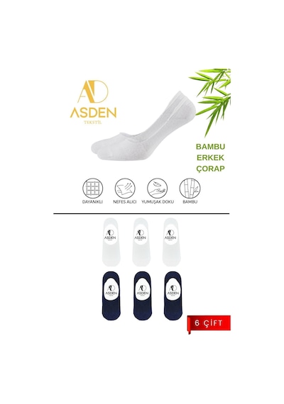 Asden Bambu Erkek Babet Çorap 3 Siyah 3 Lacivert, Dikişsiz, Kaydırmaz Silikonlu Topuk beyaz