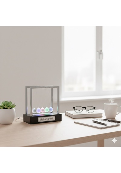İsime Kişiye Özel Ofis Masa Dekoru 5 Toplu Renkli Led Işıklı Newton Denge Topu Dekoratif Hediye