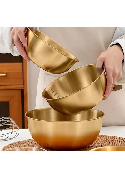 Morponi 3'lü Gold Paslanmaz Çelik Karıştırma Ve Salata Kasesi Çırpma 700-1200-1600 Ml Gold